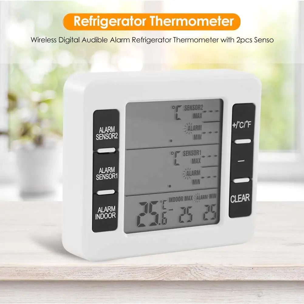 Wireless Digital Audible Alarm Refrigerator Thermometer Cold Storage with 2pcs Sensor For Indoor & Outdoor |