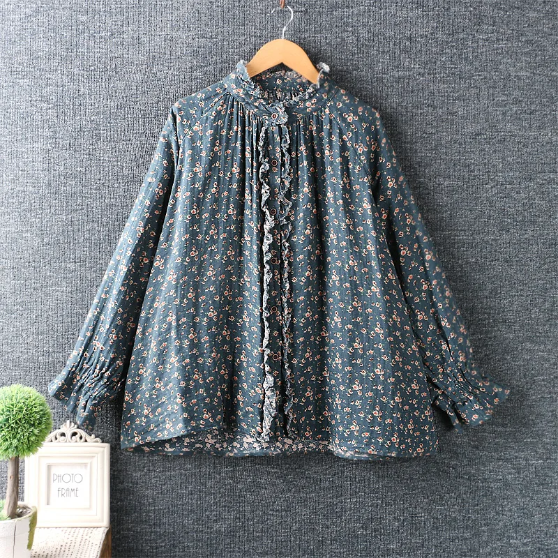 

long-sleeved shirt loose cotton and linen shirt Autumn new Japanese small fresh stand collar lace floral