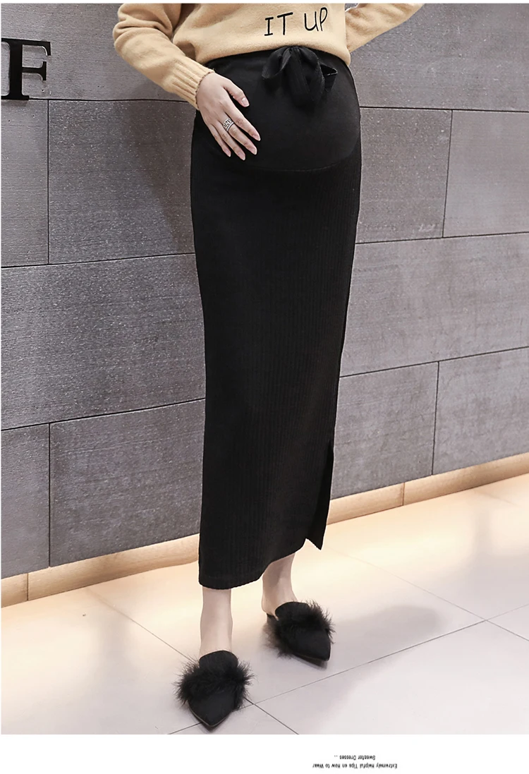 

Maternity Adjustable Drawstring Waist Long Knitting Skirt Slim Hips Side Split Pregnant Women Belly Skirt Autumn Maxi Skirt