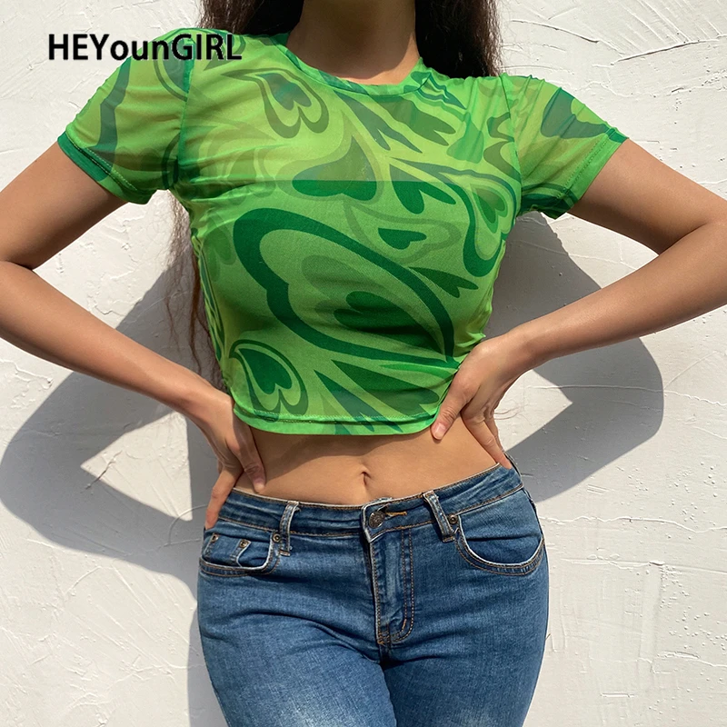 

HEYounGIRL Heart Print Sexy Mesh Short Sleeve T Shirt Women Mesh Transparent Crop Top Fashion Green Fishnet Tee Shirt Streetwear