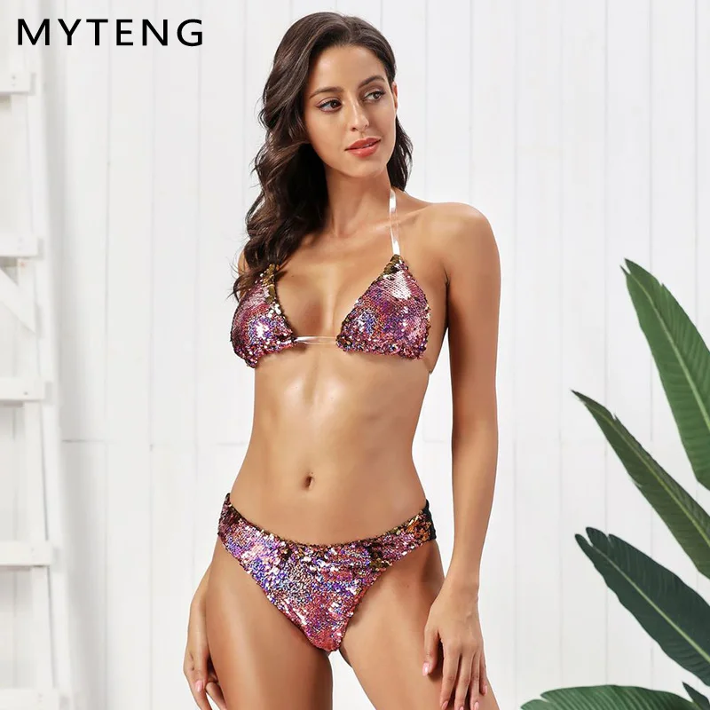 Сексуальный блестящий треугольный купальник с блестками для женщин бикини 2020