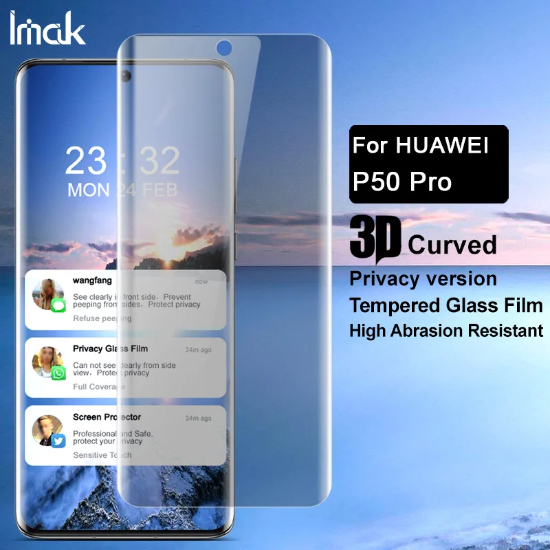 

IMAK защита конфиденциальности стекло для Huawei P50 Pro 3D изогнутое полное покрытие закаленное стекло Защита экрана для Huaway P50 Pro