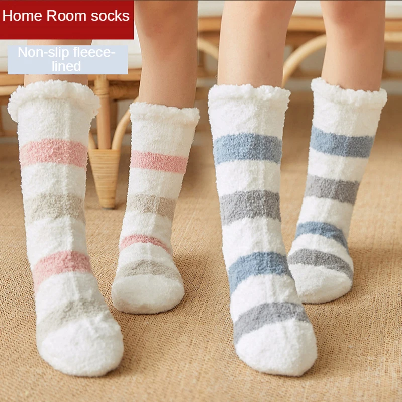 

Fuzzy Socks Women Warm Plush Bedroom Silicone Non-slip Women's Slippers Sock Soft Coral Fleece Female Striped Comfy Floor Sock