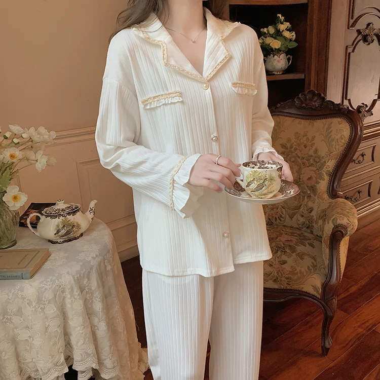 

2021 Hot Sale Women Solid Pajamas Spring And Autumn Long Sleeve Pyjamas Sweet Korean Sleepwear Fashion Femme Mujer Homewear