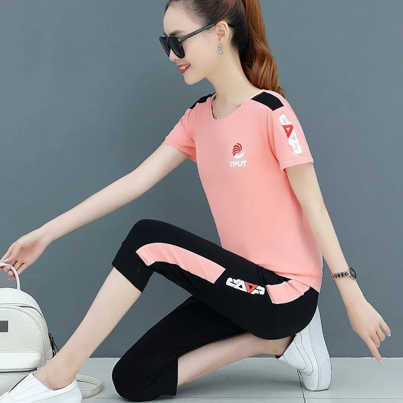 

Summer New Korean Short Sleeved Top Cropped Trousers Casual Plus Size 4XL Two Piece Set Women Clohtes Red Pink Black