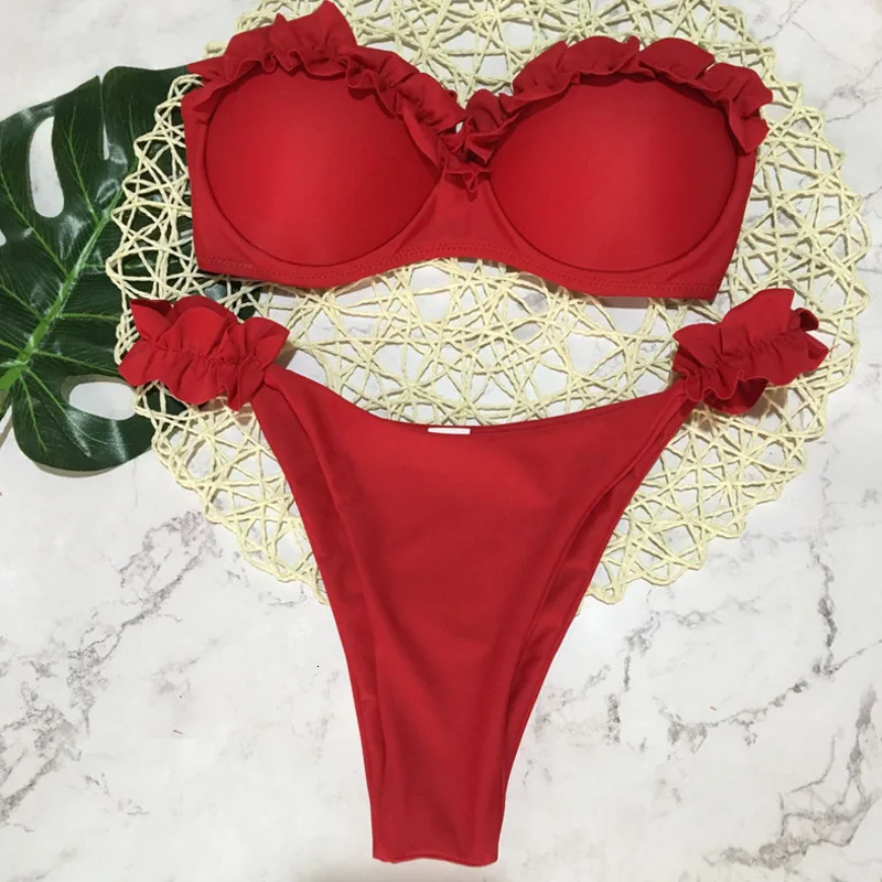 Желтый Кружевной купальный костюм бикини с пуш ап женский бандо женская пляжная