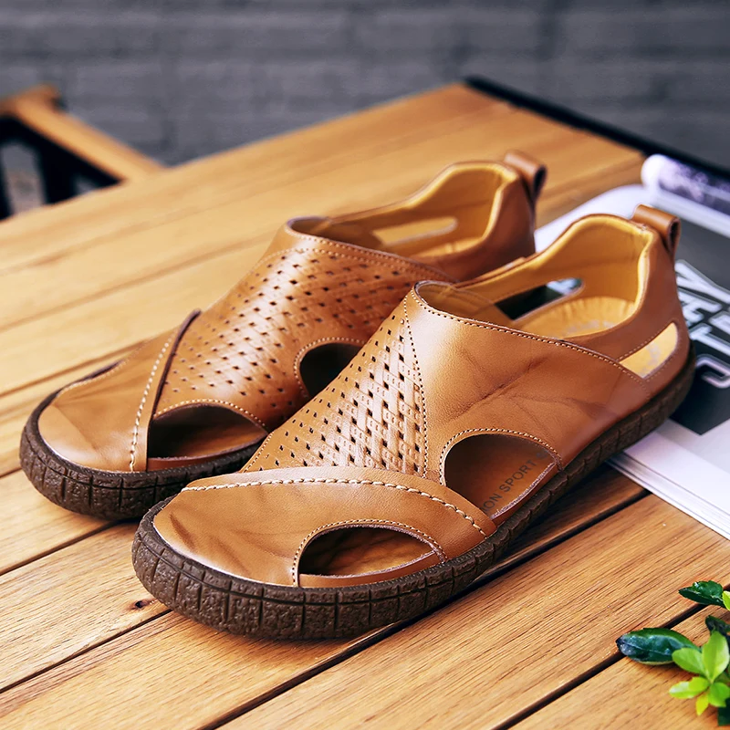 

FIXSYS Summer Mens Sandals Summer Anti-skiding Beach Shoes for Male Hollow Breathable Casual Shoes Outdoor Sewing Soft Slippers