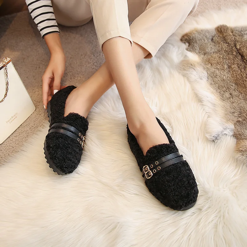 Belt Strap Fur Ballerina Shoes Woman Winter Thicken Fur Flats Real Lambsfur Moccasins Ladies Girl Comfy Creepers Short Fur Boots