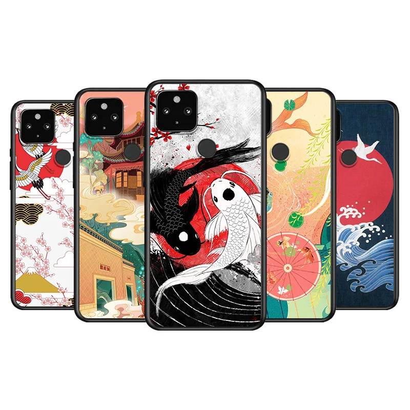 

Japanese Style Art Soft TPU Silicone Black Cover For Google Pixel 5 4A 5G 4 XL Phone Case