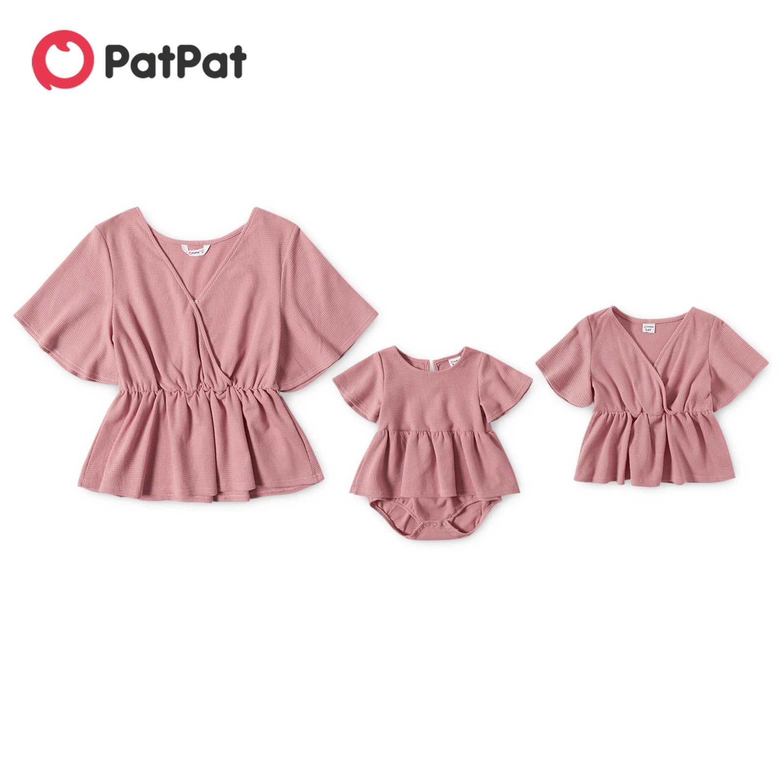 

PatPat Pink V Neck Wrap Front Short-sleeve Ruffle Tops for Mom and Me