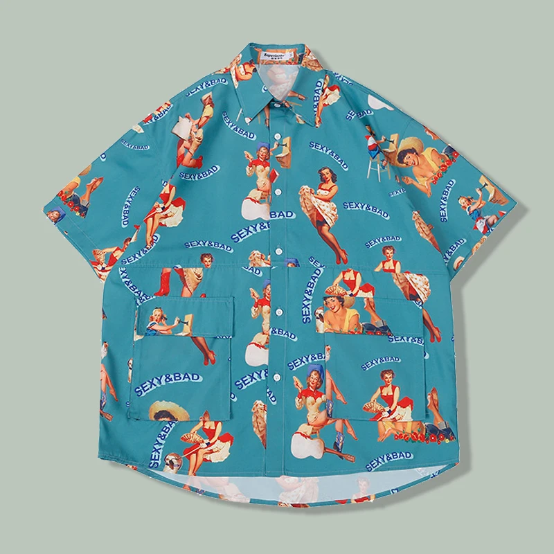 

Retro Hawaii Funny Character Print Shirt Men Summer Hip Hop Short Sleeve Oversize Casual Tops Harajuku Streetwear Korean Shirts