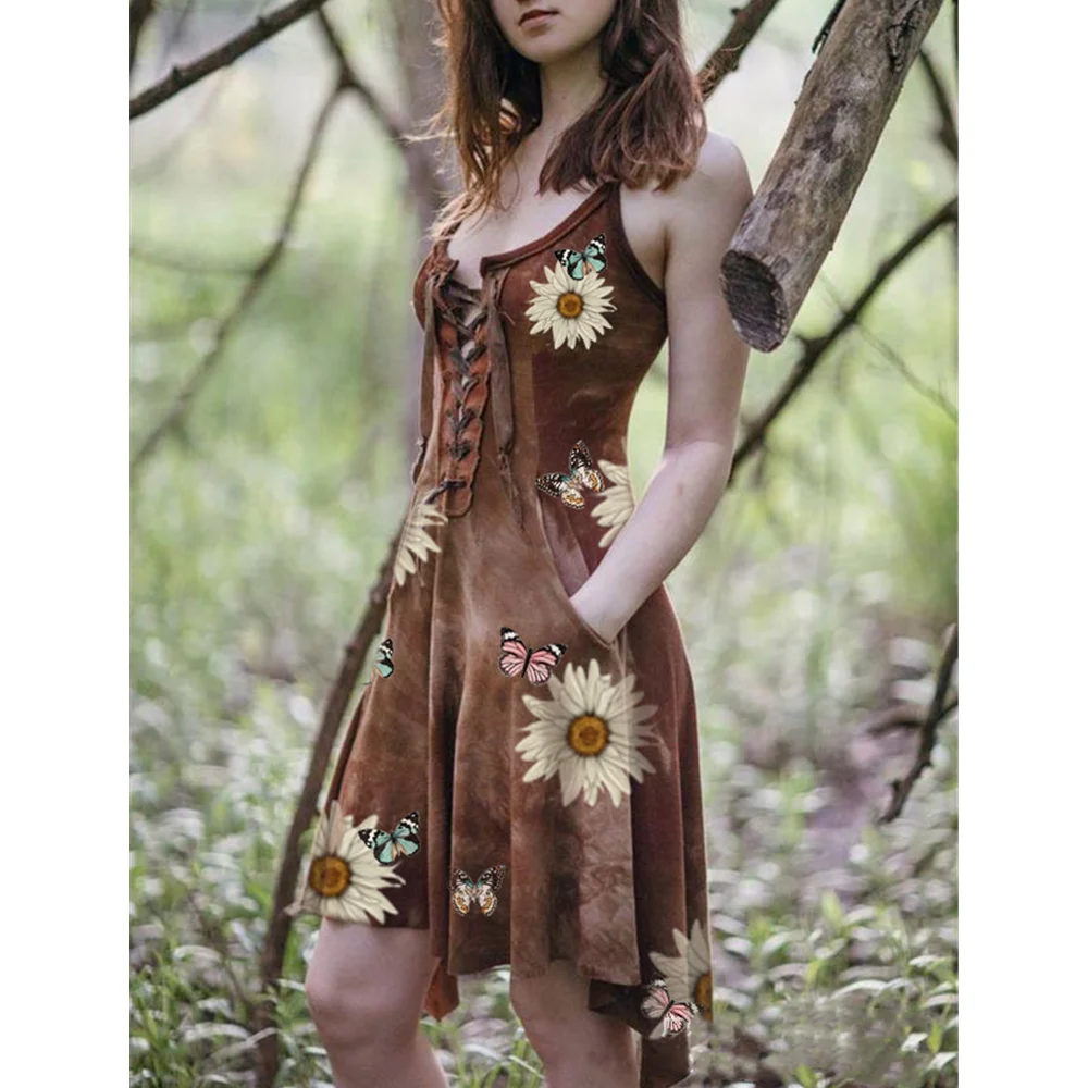 

Женское платье с принтом подсолнуха, повседневное приталенное платье с асимметричным подолом, с принтом бабочки, лето 2021