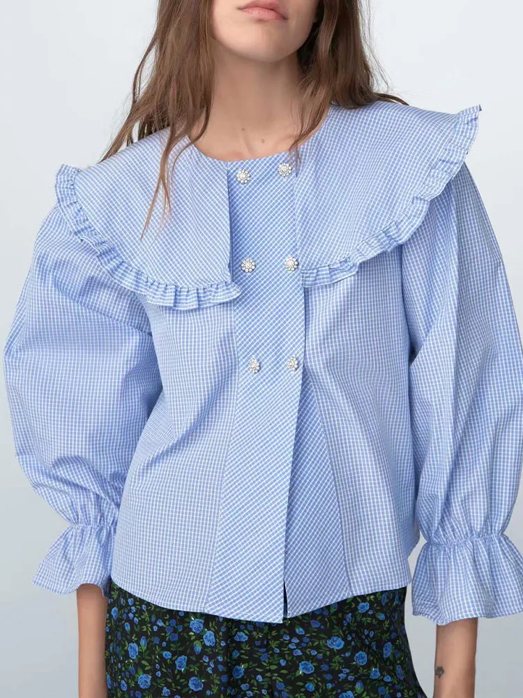 

ZA doll collar shirt new women's fresh and artistic temperament wild wood ear plaid stitching printing lapel top