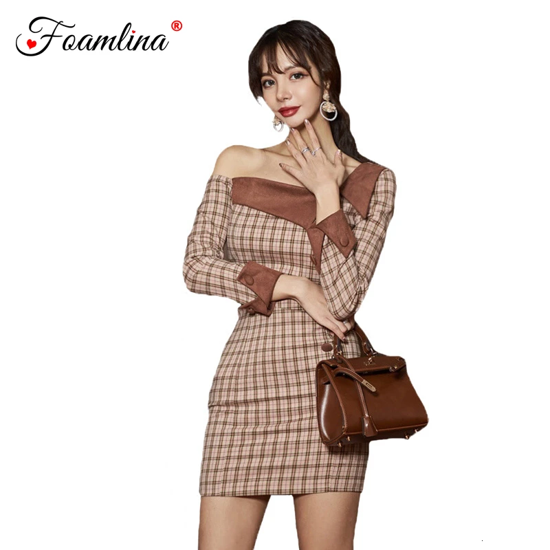 

Женское клетчатое платье Foamlina, вечернее платье в английском стиле с принтом, новое весеннее модное облегающее мини-платье с вырезом лодочко...