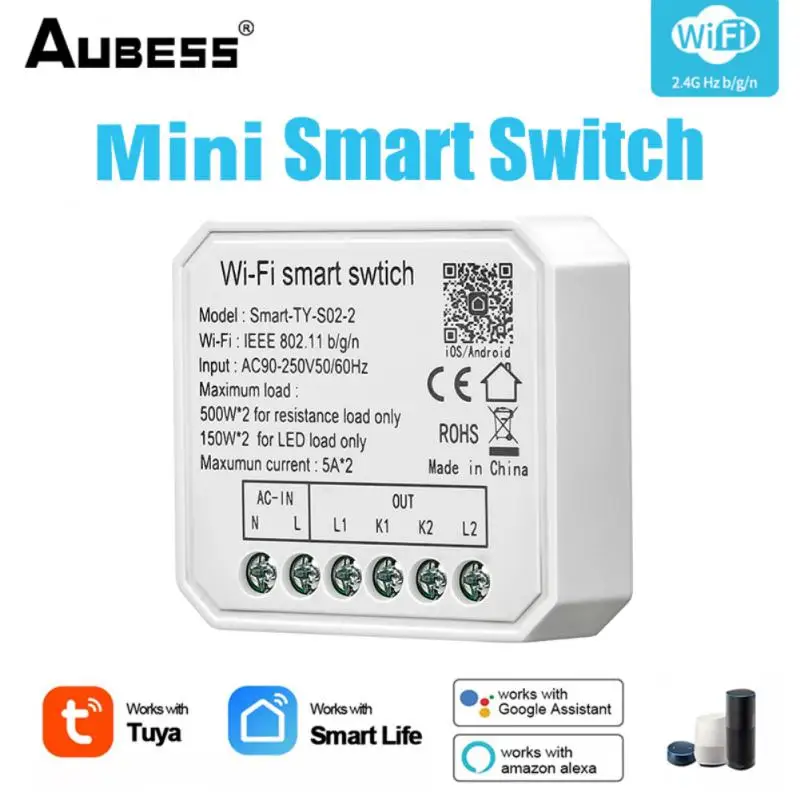 

Aubess WiFi Mini Smart DIY Light Switch Module 1/2 Gang Timing Tuya Smart Life APP Remote Control Works With Alexa Google Home