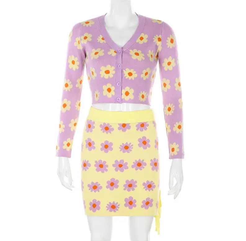 

Casual Women's Autumn Skirts Sets V-neck Knitwear Cardigan Tops or Mini Skirts Ladies Fashion Floral Sexy Dress Sets Knitted Set
