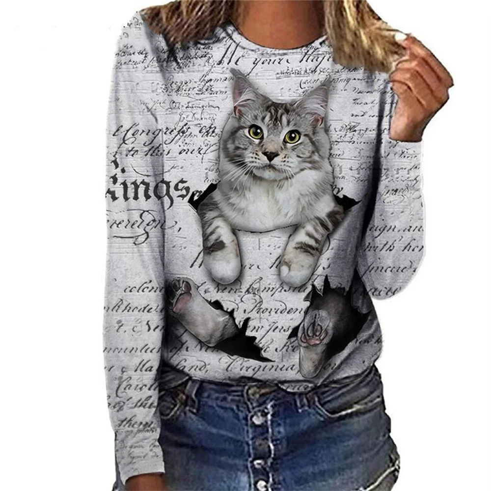 

2021 Women Casual Loose T-Shirt 3D Cat Letter Print Casual Tee Autumn Long Sleeve O Neck Simple Street Clothes Tosp Mode Femme