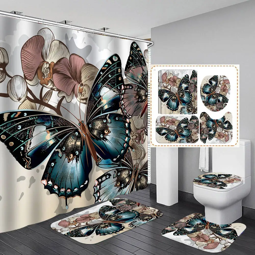 

Ретро Бабочка фланелевый нескользящий коврик для ванной коврик для туалета занавески для душа с 12 крючками Художественный набор декора ван...