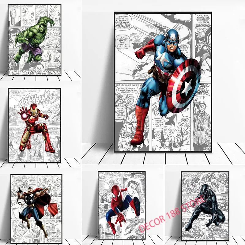 

Marvel Avengers Comic Strip Poster And Prints Superhero Captain America Iron Man Spiderman Canvas Painting Bedroom Home Decor