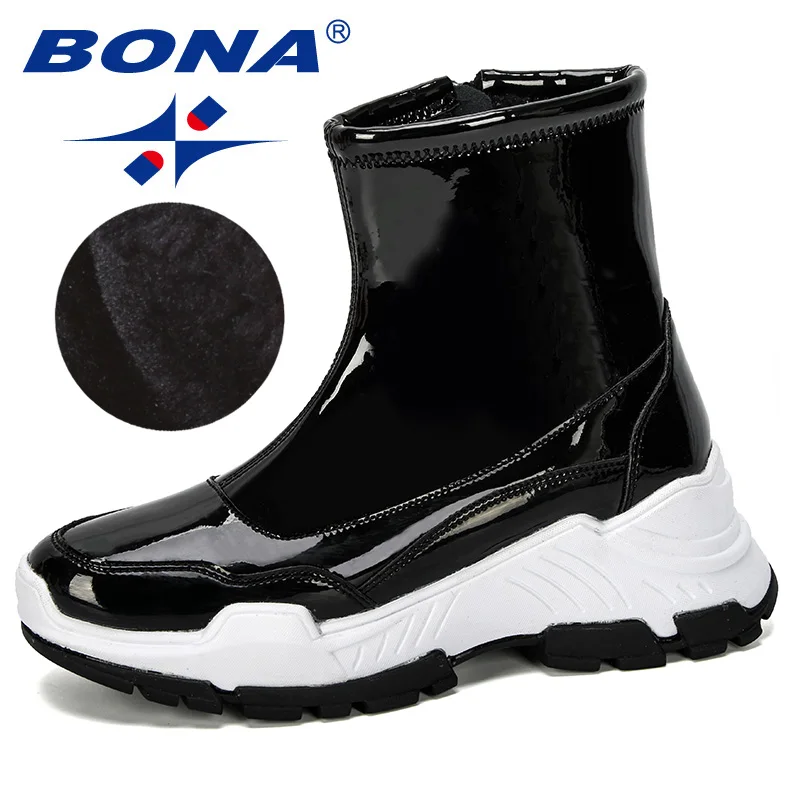 Black BONA/Новинка года; дизайнерская зимняя обувь из блестящей кожи; женские уличные ботильоны; женские ботинки; zapatos mujer; теплая плюшевая обувь; удобная обувь - Цвет: Black