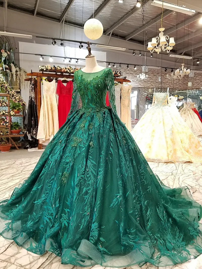 BGW 22026ht Royal Green Long Tulle Sleeve Party Dresses 2020 O-neck Lace Up Back Ball Gown Beauty Evening Dress Women Real Price