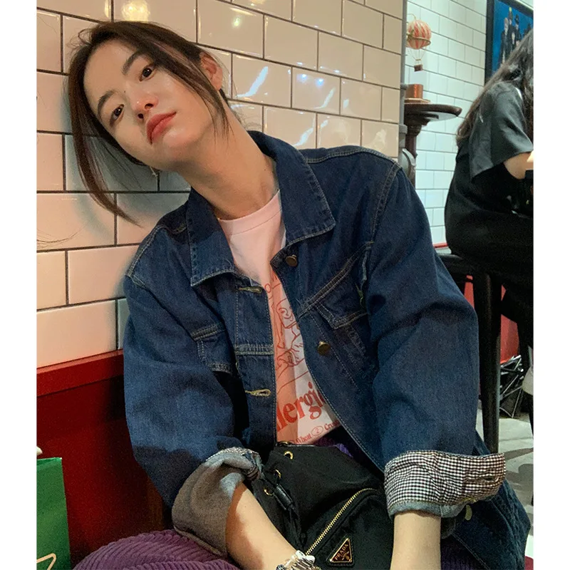 

Женская джинсовая куртка в стиле «бойфренд», тонкая свободная однотонная короткая куртка в Корейском стиле для отдыха, осень 101