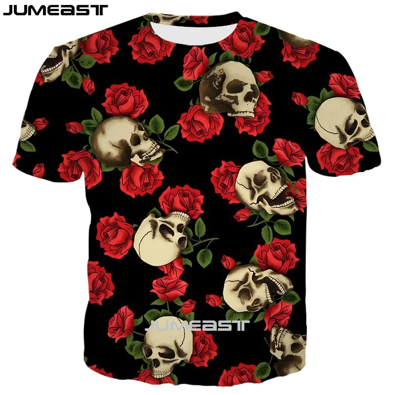 

Jumeast Men Women 3D Printed T-Shirt Red Rose And Skull Oversized Summer O-Neck Short Sleeve T Shirt Sport Pullover Tops Tees