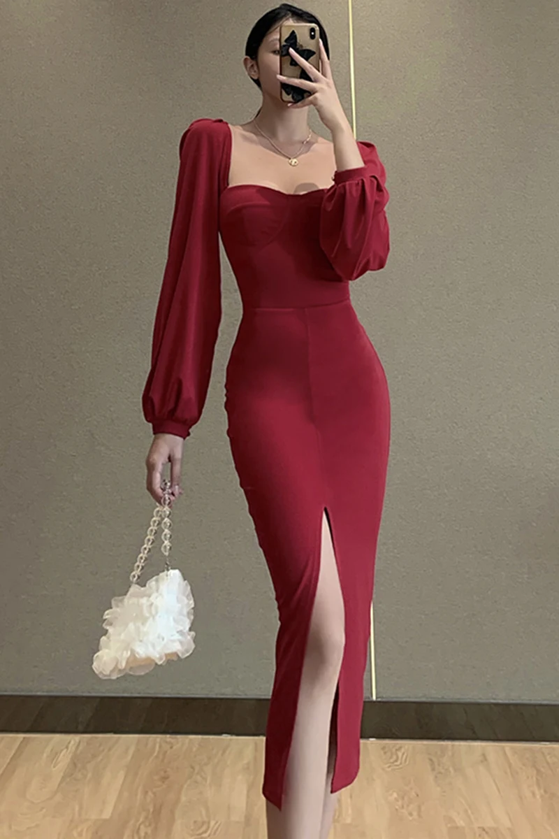 

Retro palace style puff sleeve dress women European and American women's design sense temperament split skirt