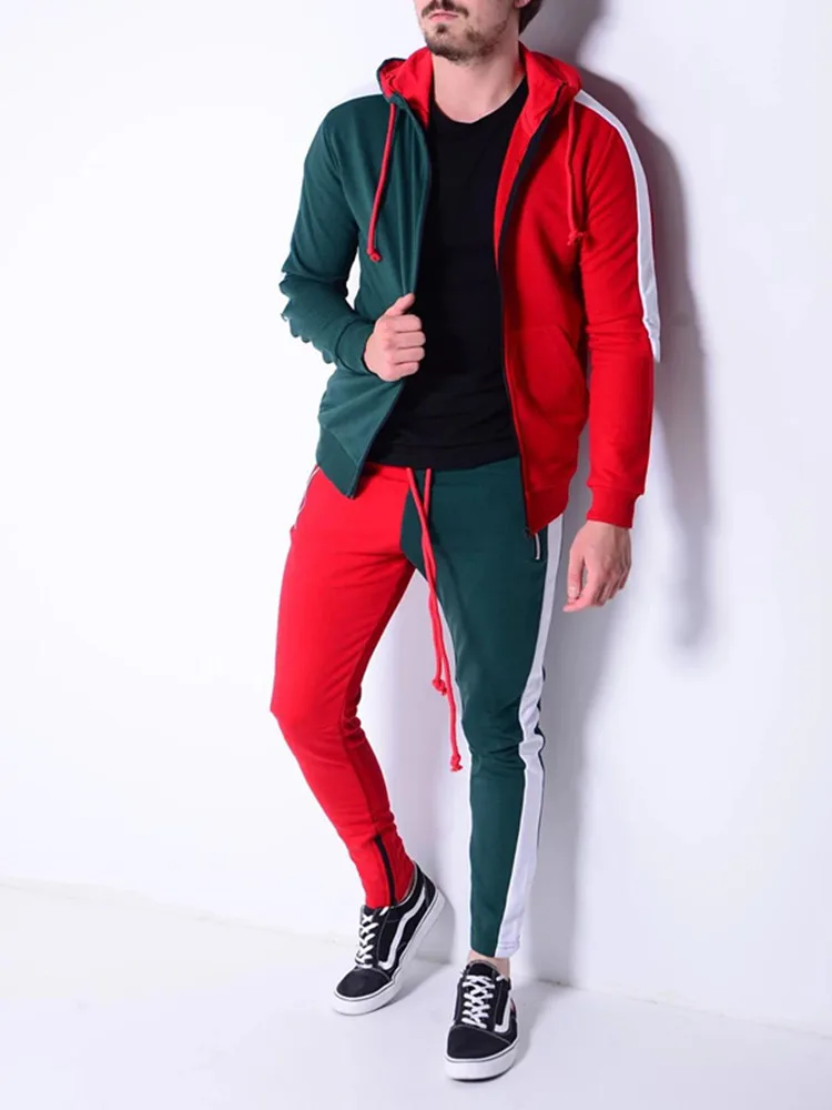 Men's Patchwork suits Outdoor training hooded coats casual sweatpants two-piece High quality Fitness brand clothing | Мужская одежда