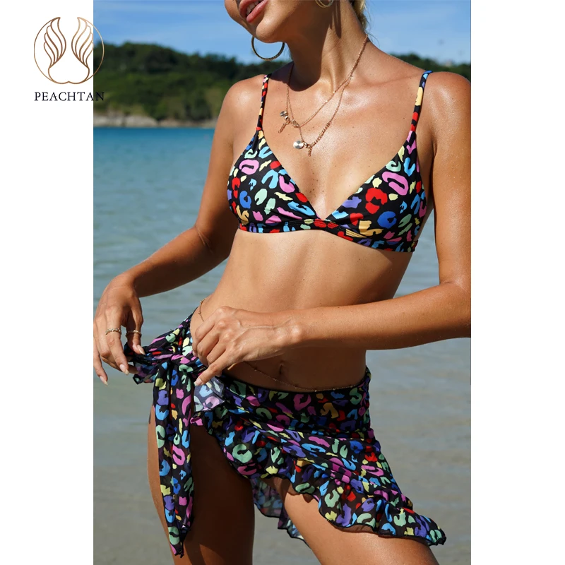 

Peachtan sexy bikini Print swimwear women 2021 Skirts swimsuit women's swimming suit Triangle 3 pieces set bathing suit bikinis