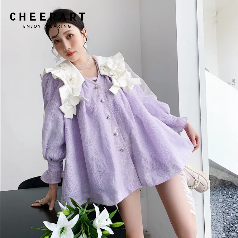 CHEERART autunno 2021 moda donna viola lanterna manica elegante camicetta manica lunga abbottonatura camicia Kawaii carino moda coreana Top