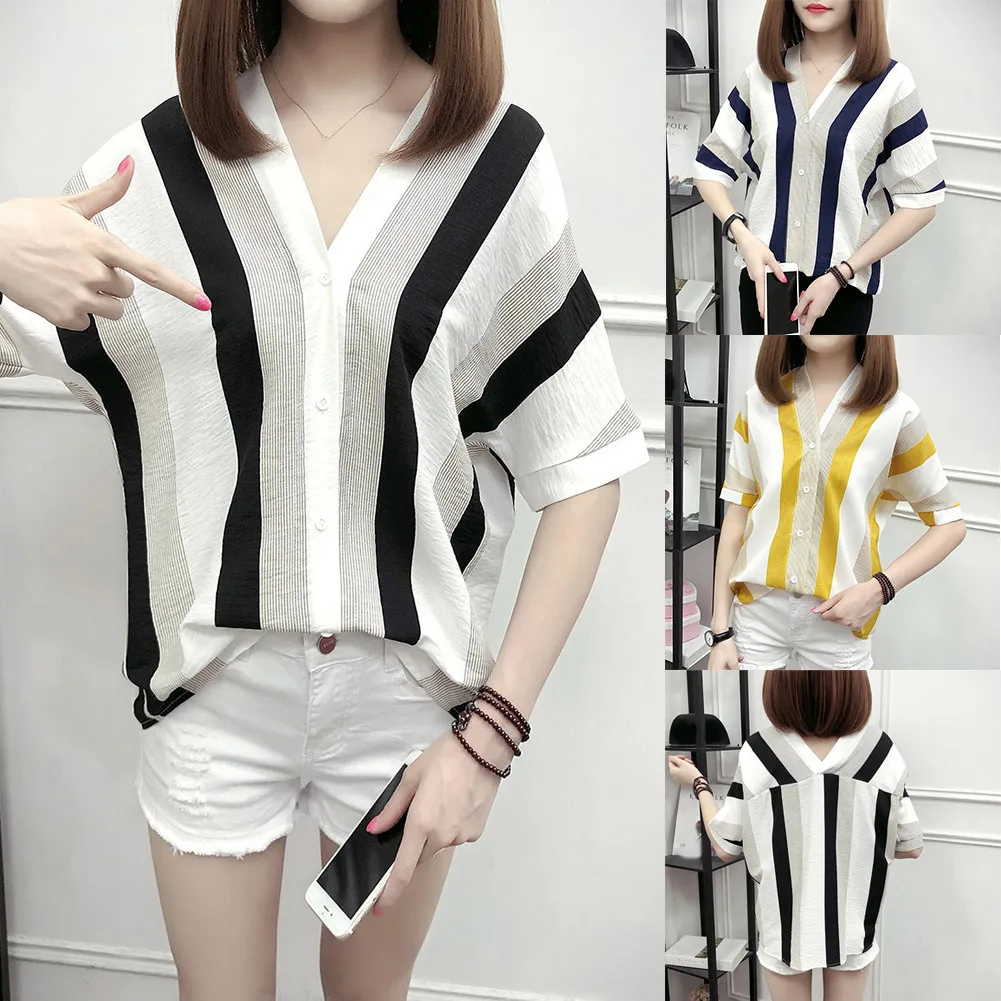 

Newest Women Short Sleeves Striped Shirt V-Neck Loose Office OL Summer Party Basic Tops TY66