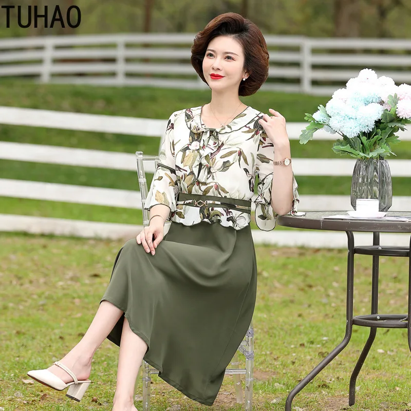 

TUHAO Summer Dress Clothes FOR Mother Mom Middle-aged Women Mid-length Summer Dresses Elegant Plus Size 5XL 4XL 3XL 2021 WM65