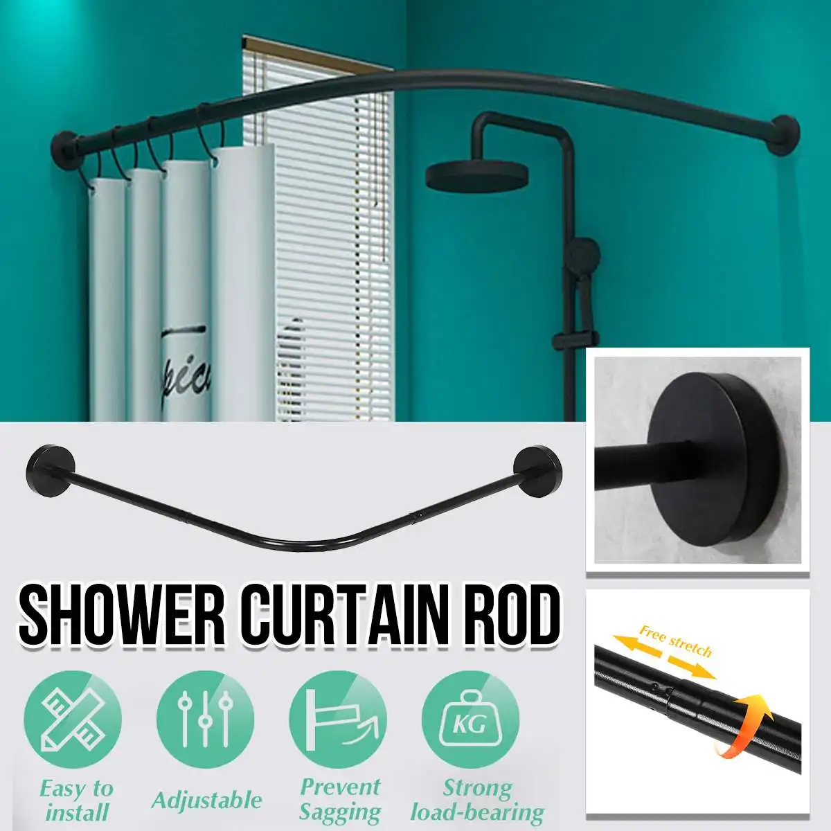 

Extendable Curved Shower Curtain Rod U Shaped 201 Stainless Steel Shower Curtain Poles Punch-Free Bathroom Poles Drilling-free