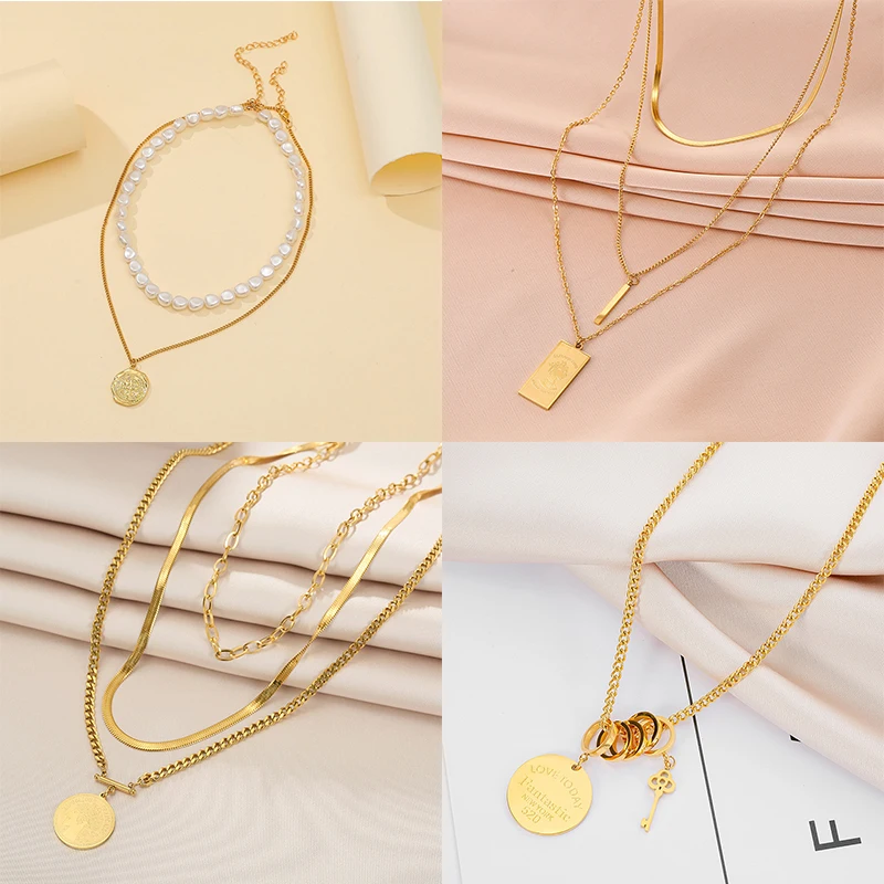

MEYRROYU Stainless Steel Multi-layer Geometric Tag Pendant Necklace For Women 2021 Trend Romantic Punk Gift New Fashion Jewelry