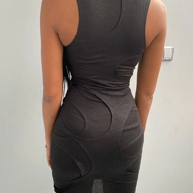 

BIIKPIIK Solid Hollow Out Sexy Women Dress Elegant Black Mini Dresses Bodycon Clubwear See Through Casual Female Outifits