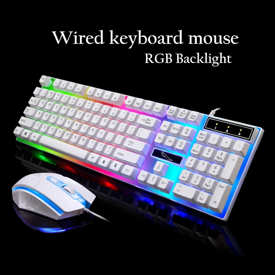 Проводная игровая мышь Клавиатура Набор с RGB светодиодный подсветка клавиатура мышь комбо для геймера 104 клавиш черный/белый