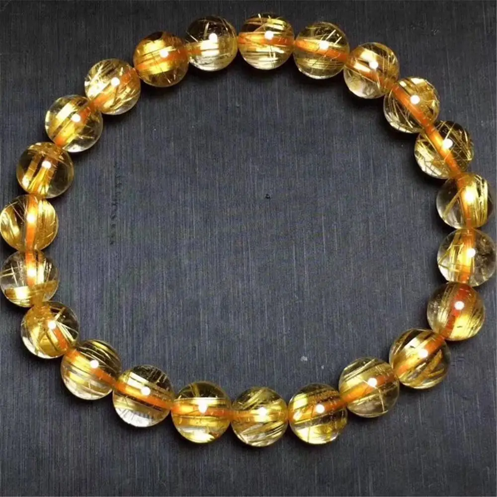 

8mm Natural Brazil Gold Rutilated Bracelet For Woman Man Crystal Titanium Round Beads Stretch Fashion Jewelry AAAAA Certificate
