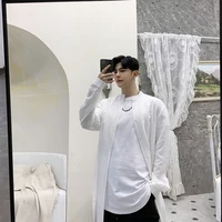 mens long sleeve shirt spring and autumn new mid long standing collar slit solid color casual loose oversized shirt