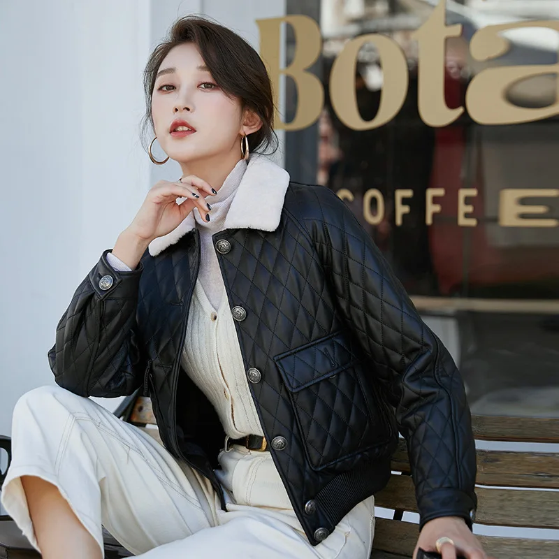 Spring Black Printed New Leather Formal Coat Autumn Women Wool Collar Short Jacket Cotton Lining