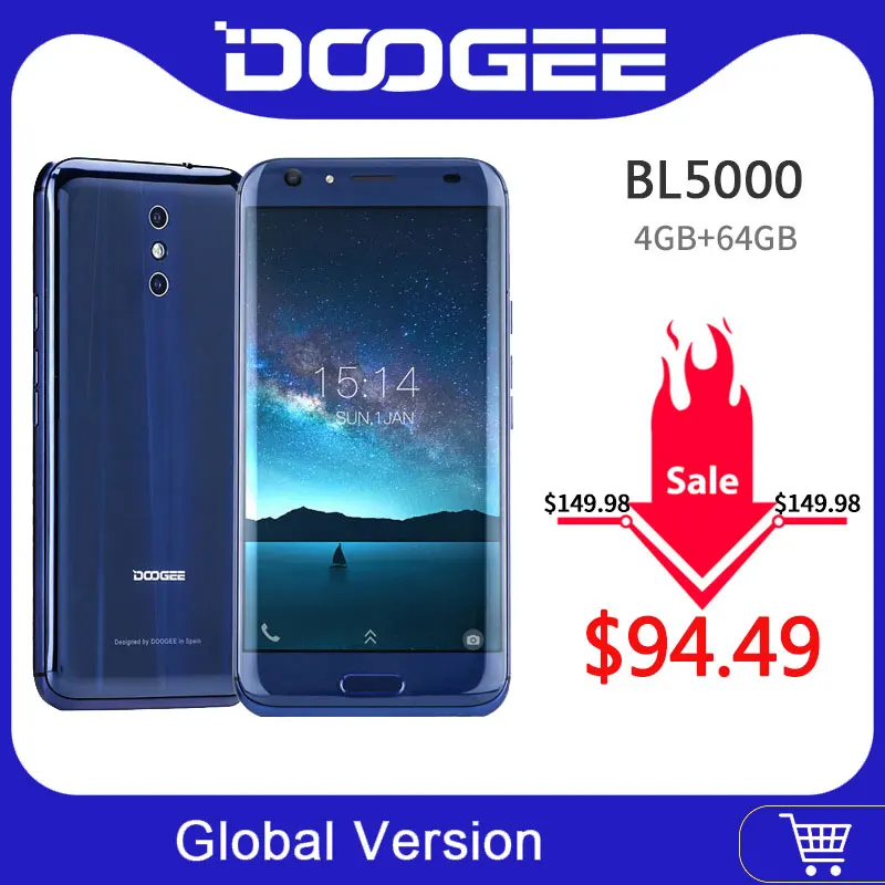 DOOGEE BL5000 Android 7,0 12V2A Быстрая зарядка 5050mAh 5,5 ''FHD MTK6750T Восьмиядерный 4 Гб ОЗУ 64 Гб ПЗУ Двойная камера 13,0 МП смартфон
