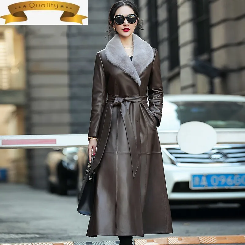 

Женская длинная куртка из 2021 овчины, пальто из натуральной кожи с норковым меховым воротником, пальто на утином пуху, зима 100%