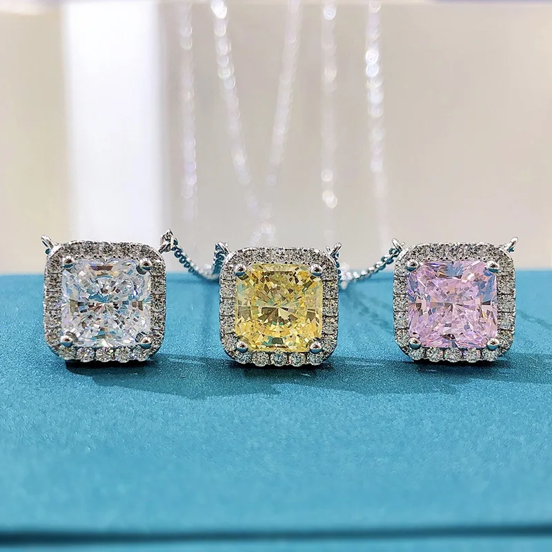 

2021 new S925 silver inlaid yellow pink high carbon diamond 7*7 crushed ice cut necklace pendant For Women Patry Fine Jewelry