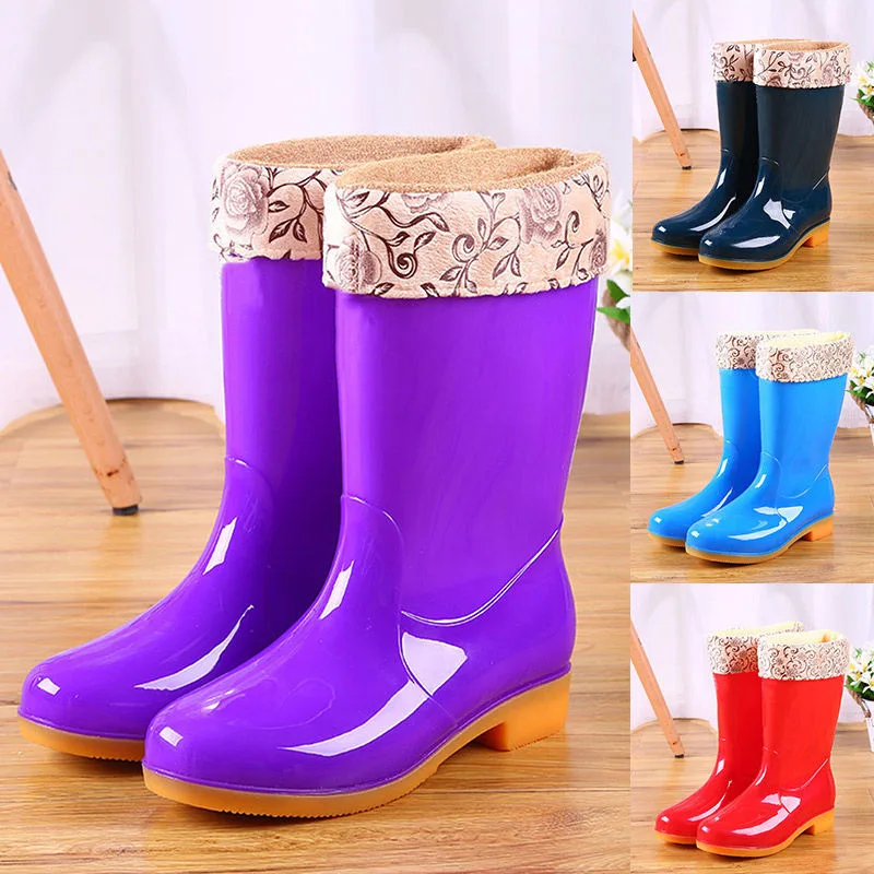 Mid-tube Rain Boots Women Non-slip Rain Boots Waterproof Shoes Overshoes Water Boots Fashion Plus Velvet Warm Women Work Shoes