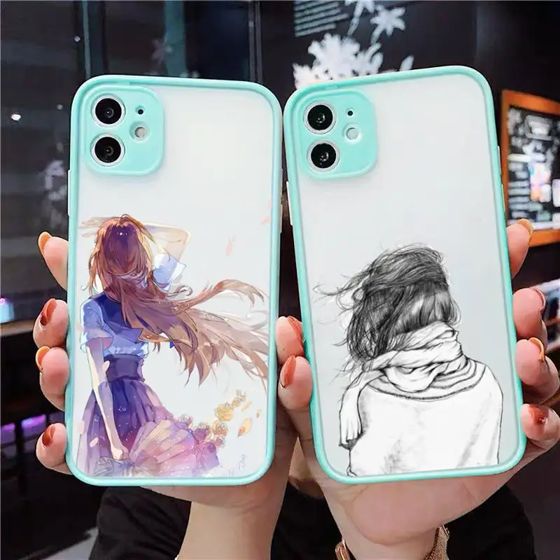 

Beautiful girl with long hair Phone Case For iPhone 13 12 11 Mini Pro XR XS Max 7 8 Plus X Matte transparent blue Back Cover