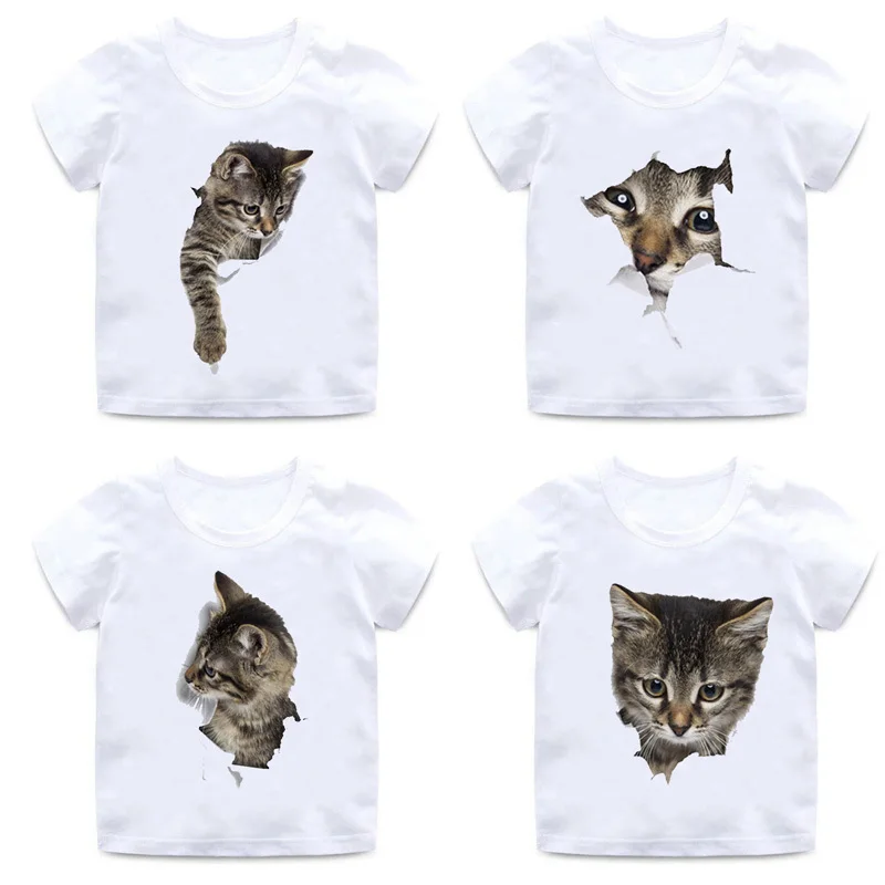 

Children's Funny Cat T-shirt Boy Girl Animal Short-sleeved Round Neck Cotton Soft T-shirt Quality White Casual T-shirt