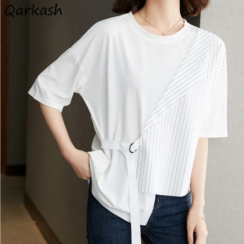 

T-shirts Women Spliced Striped Chic Summer Korean Style Students All-match Loose Ulzzang Vintage Short Sleeve Office Tees Female