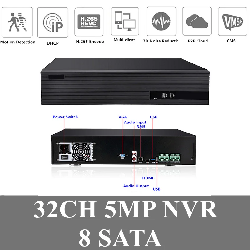 Сетевой видеорегистратор 32CH * 5MP H.265 NVR DVR для IP-камеры ONVIF 8 жесткий диск SATA Max 8T CMS XMEYE