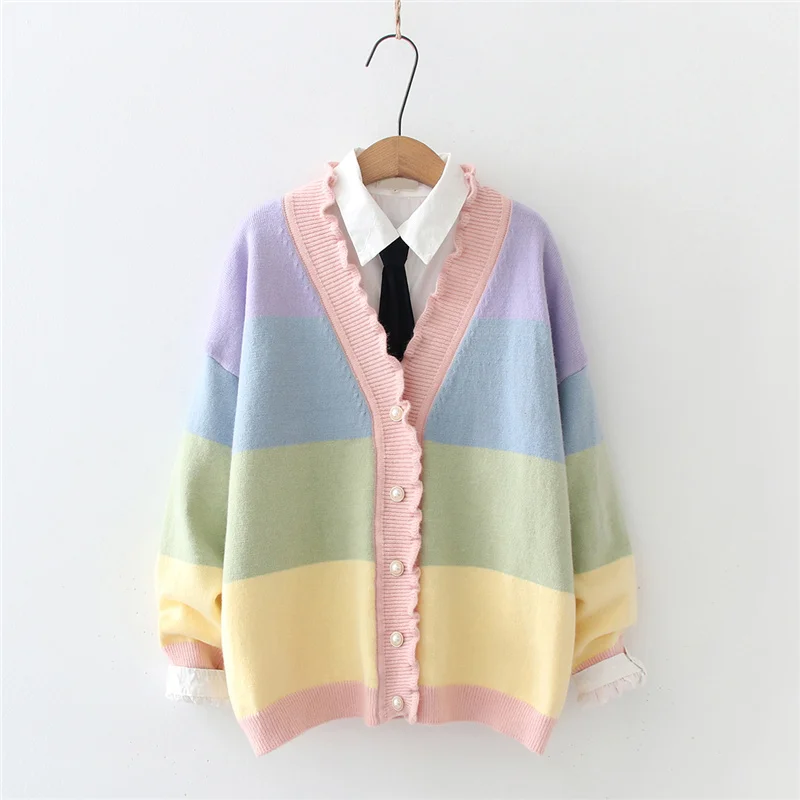 

Soft Girls Kawaii Sweets Sweater Women Knitted Cardigans Cute Rainbow Striped Vintage Ruffle V Neck Knitwear Female Loose Coat