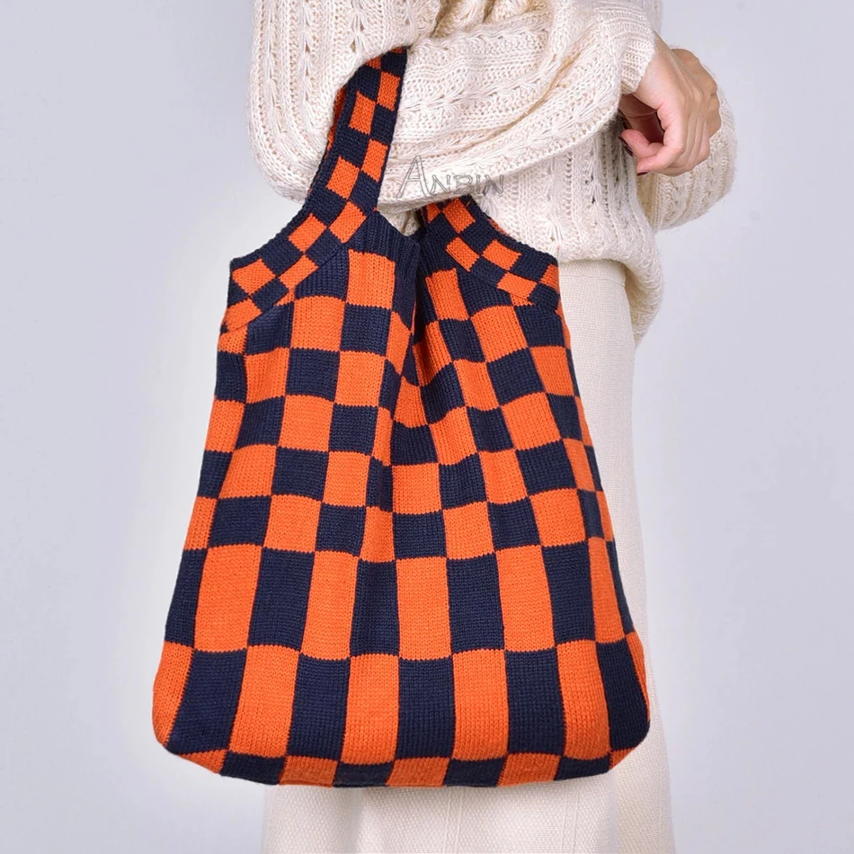 

Female Fashion Wrist Bags Checkerboard Plaid Woolen Knitted Shoulder Vintage Chic Handmade Woven Totes Casual Shopping Handbag